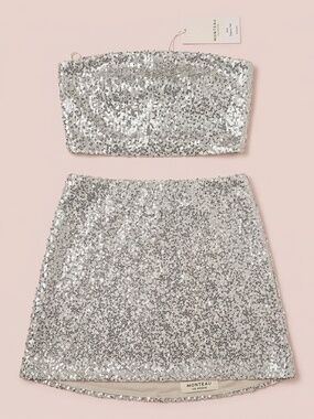 NWT Monteau Cream / Silver Sequin Tube Top and Mini Skirt Set